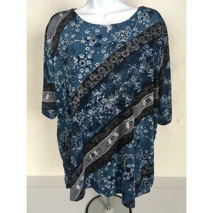 TR Bentley Top Women Size 1X Blue Black Gray Floral Round Neckline 3/4 Sleeves